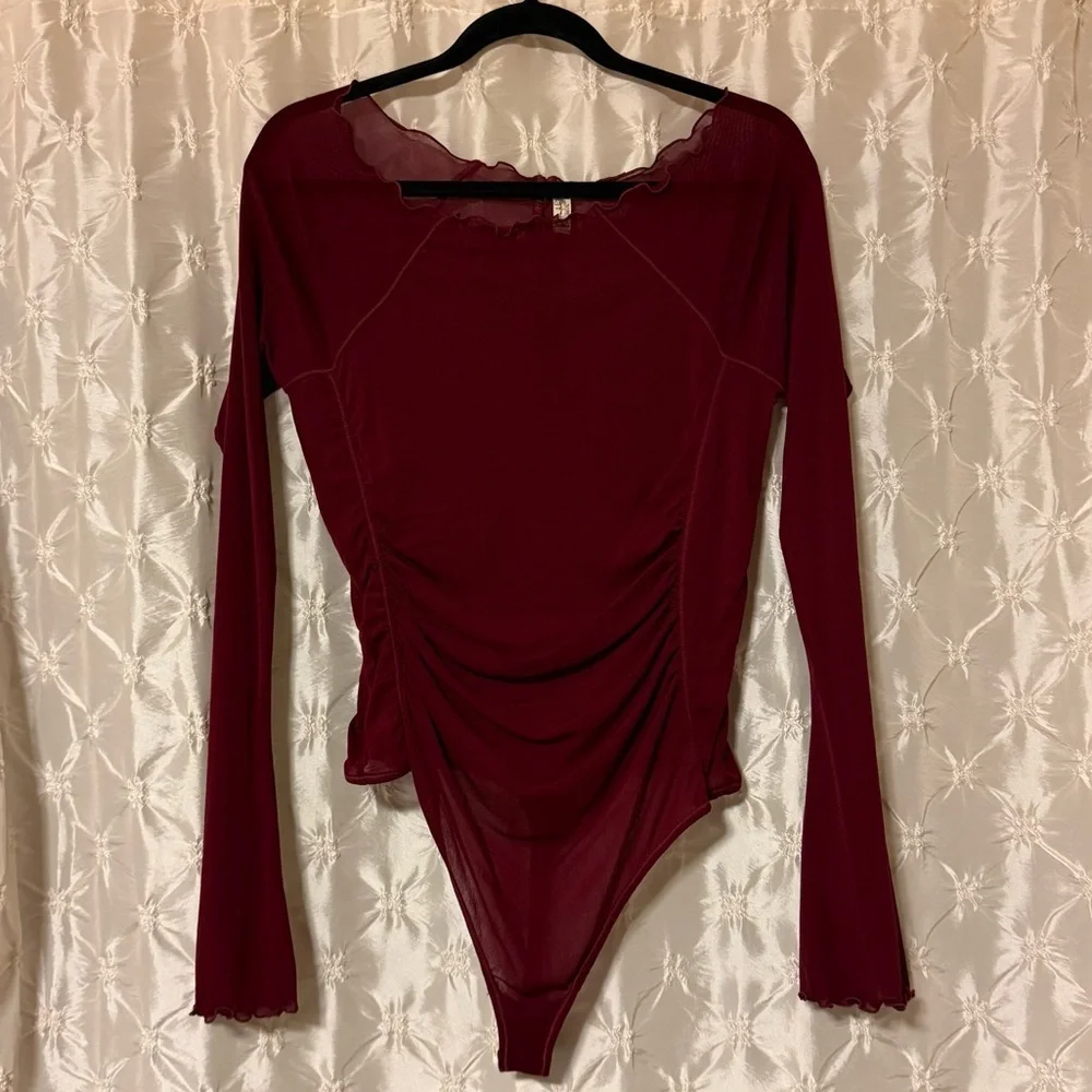 Free People Deep Red Ruched Long Sleeve Sheer Mesh Bodysuit Burgundy